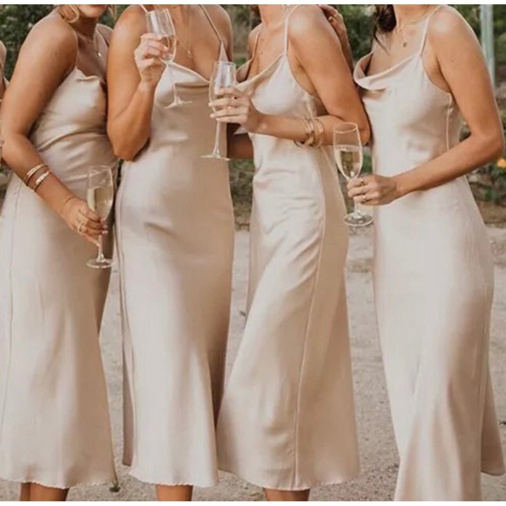 Stacees Champagne Satin Cowl Neck‎ Midi Slip Dress Bridesmaid SM0624075169 US4